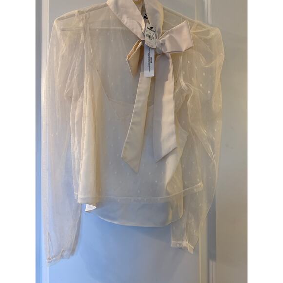 Express Tulle Polka Dot Mock Neck Puff Sleeve Blouse XS NWT Ivory White - Picture 4 of 8